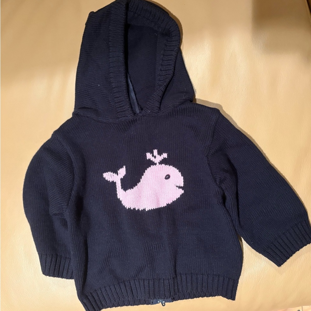 Navy Zip-up the back Hoodie with pink whale